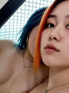 Asian Biracial Bathroom Selfie, Multiclored Hair, Hairy Pussy